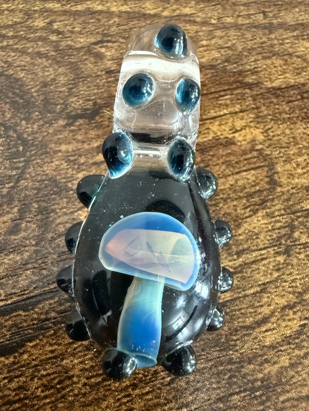 Handmade Glass Mushroom Pendant in Black & Blue Colorway